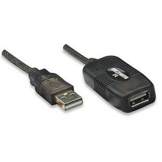 Manhattan USB-A to USB-A Extension Cable, 10m, Male to Female, Active, 480 Mbps (USB 2.0), Daisy-Chainable, Built In Repeater, Hi-Speed USB, Black, Three Year Warranty, Equivalent to USB2AAEXT10M. Manhattan USB-A to USB-A Extension Cable, 10m, Male to Female, Active, 480 Mbps (USB 2.0), Daisy-Chainable, Built In Repeater, Hi-Speed USB, Black, Three Year Warranty, Equivalent to USB2AAEXT10M.