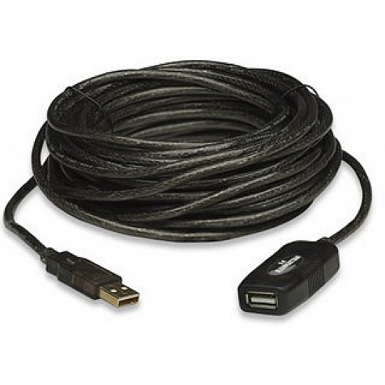 Manhattan USB-A to USB-A Extension Cable, 10m, Male to Female, Active, 480 Mbps (USB 2.0), Daisy-Chainable, Built In Repeater, Hi-Speed USB, Black, Three Year Warranty, Equivalent to USB2AAEXT10M. Manhattan USB-A to USB-A Extension Cable, 10m, Male to Female, Active, 480 Mbps (USB 2.0), Daisy-Chainable, Built In Repeater, Hi-Speed USB, Black, Three Year Warranty, Equivalent to USB2AAEXT10M.