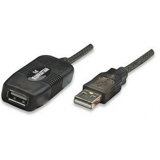 Manhattan USB-A to USB-A Extension Cable, 10m, Male to Female, Active, 480 Mbps (USB 2.0), Daisy-Chainable, Built In Repeater, Hi-Speed USB, Black, Three Year Warranty, Equivalent to USB2AAEXT10M. Manhattan USB-A to USB-A Extension Cable, 10m, Male to Female, Active, 480 Mbps (USB 2.0), Daisy-Chainable, Built In Repeater, Hi-Speed USB, Black, Three Year Warranty, Equivalent to USB2AAEXT10M.