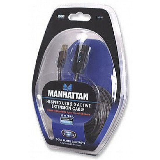 Manhattan USB-A to USB-A Extension Cable, 10m, Male to Female, Active, 480 Mbps (USB 2.0), Daisy-Chainable, Built In Repeater, Hi-Speed USB, Black, Three Year Warranty, Equivalent to USB2AAEXT10M. Manhattan USB-A to USB-A Extension Cable, 10m, Male to Female, Active, 480 Mbps (USB 2.0), Daisy-Chainable, Built In Repeater, Hi-Speed USB, Black, Three Year Warranty, Equivalent to USB2AAEXT10M.