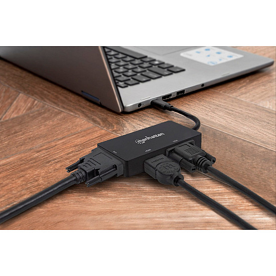 Manhattan USB-C Dock/Hub, Ports (x3): DVI-I, HDMI and VGA Ports, Note: Only One Port can be used at a time, External Power Supply Not Needed, Universal for all devices, Cable 10cm, Black, Three Year Warranty