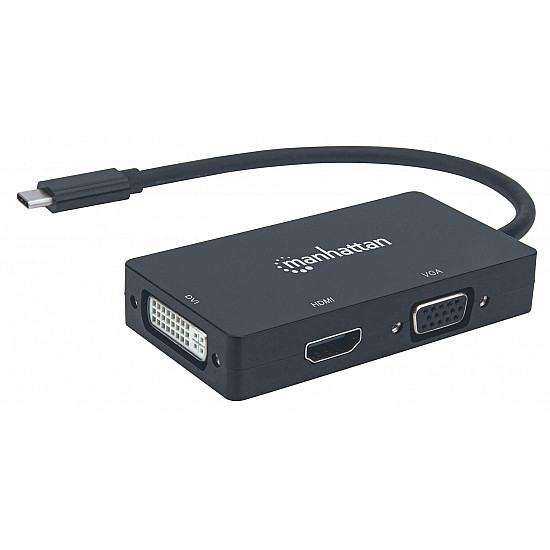 Manhattan USB-C Dock/Hub, Ports (x3): DVI-I, HDMI and VGA Ports, Note: Only One Port can be used at a time, External Power Supply Not Needed, Universal for all devices, Cable 10cm, Black, Three Year Warranty