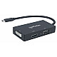 Manhattan USB-C Dock/Hub, Ports (x3): DVI-I, HDMI and VGA Ports, Note: Only One Port can be used at a time, External Power Supply Not Needed, Universal for all devices, Cable 10cm, Black, Three Year Warranty