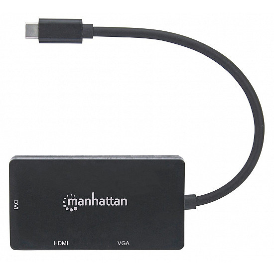 Manhattan USB-C Dock/Hub, Ports (x3): DVI-I, HDMI and VGA Ports, Note: Only One Port can be used at a time, External Power Supply Not Needed, Universal for all devices, Cable 10cm, Black, Three Year Warranty