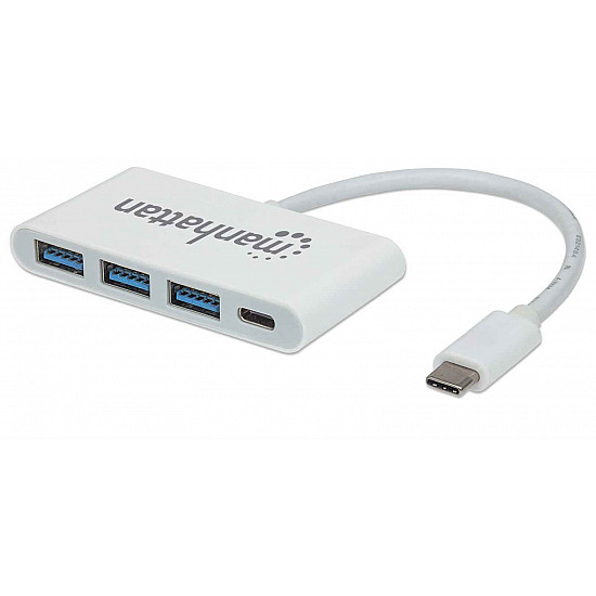 Manhattan USB-C Dock/Hub, Ports (x4): USB-A (x3) and USB-C, 5 Gbps (USB 3.2 Gen1 aka USB 3.0), With Power Delivery (60W) to USB-C Port (Note additional USB-C wall charger and USB-C cable needed), Universal for all devices, SuperSpeed USB, 3 Year Warranty