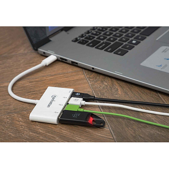 Manhattan USB-C Dock/Hub, Ports (x4): USB-A (x3) and USB-C, 5 Gbps (USB 3.2 Gen1 aka USB 3.0), With Power Delivery (60W) to USB-C Port (Note additional USB-C wall charger and USB-C cable needed), Universal for all devices, SuperSpeed USB, 3 Year Warranty