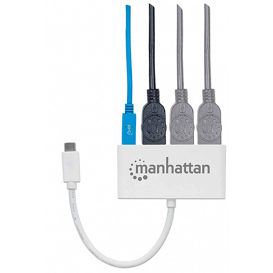 Manhattan USB-C Dock/Hub, Ports (x4): USB-A (x3) and USB-C, 5 Gbps (USB 3.2 Gen1 aka USB 3.0), With Power Delivery (60W) to USB-C Port (Note additional USB-C wall charger and USB-C cable needed), Universal for all devices, SuperSpeed USB, 3 Year Warranty