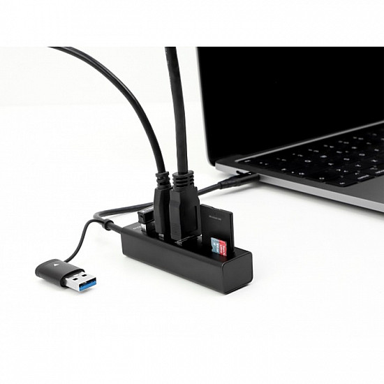 3 Port USB 3.2 Gen 1 Hub + SD und Micro SD Card Reader mit USB Type-C oder USB Typ-A Anschluss, USB-Hub