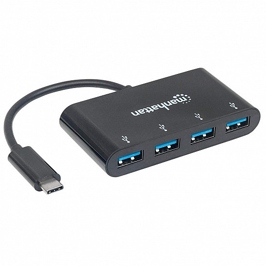 Manhattan USB-C Dock/Hub, Ports (x4): USB-A (x4), 5 Gbps (USB 3.2 Gen1 aka USB 3.0), External Power Supply Not Needed, Universal for all devices, Cable 20cm, SuperSpeed USB, Black, Three Year Warranty, Equivalent to HB30C4AB