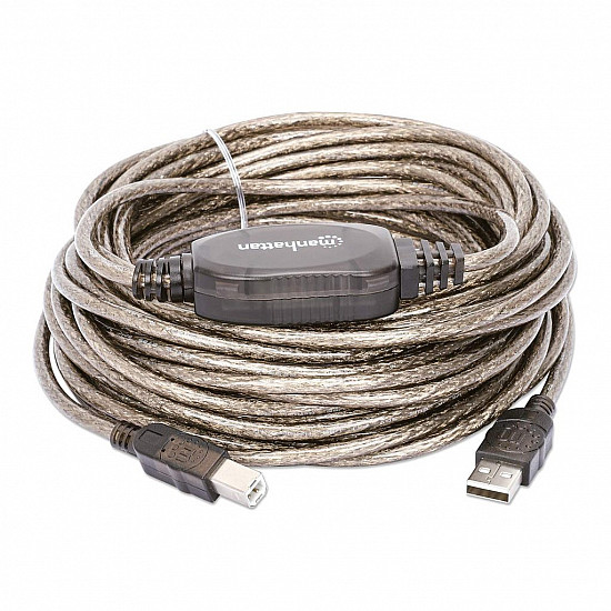 Manhattan USB-A to USB-B Cable, 11m, Male to Male, Active, 480 Mbps (USB 2.0), Built In Repeater, Hi-Speed USB, Translucent Silver, Three Year Warranty
