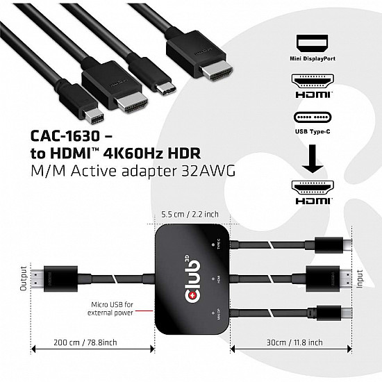 Adapter USB-C + HDMI + Mini DisplayPort 1.2 => HDMI 4K60Hz HDR *Club3D* Aktiv 32 AWG