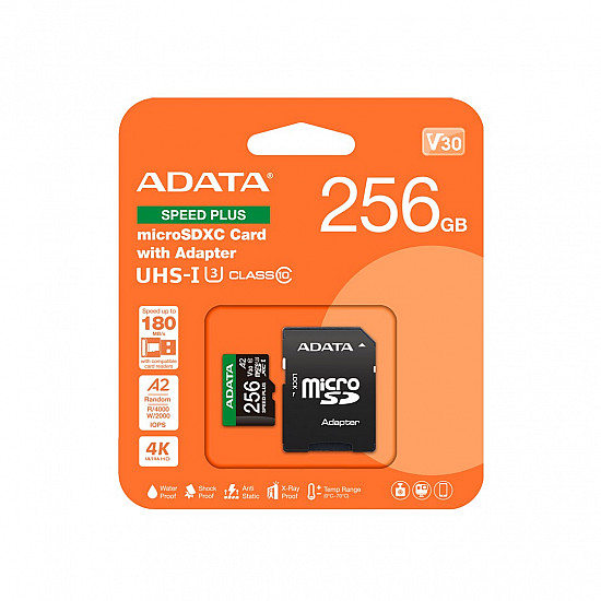 ADATA MicroSDXC card 256GB Speed Plus - U3 - C10 - A2 - V30 (R180/W160 MB/s) + SD adapter