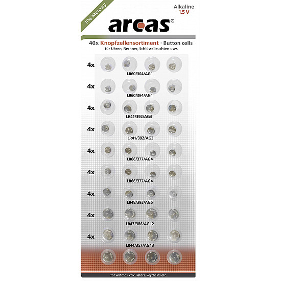 Arcas | AG Set (8xAG1, 8xAG3, 8xAG4,  8xAG13, 4xAG5, 4xAG12) | Alkaline Button Cell | 40 pc(s)
