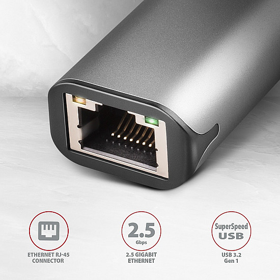 ADE-25RC SUPERSPEED USB-C 2.5 GIGABIT ETHERNETCompact aluminum USB-C 3.2 Gen 1 2.5 Gigabit Ethernet 10/100/1000/2500 Mbit adapter with automatic installation.