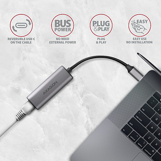 ADE-25RC SUPERSPEED USB-C 2.5 GIGABIT ETHERNETCompact aluminum USB-C 3.2 Gen 1 2.5 Gigabit Ethernet 10/100/1000/2500 Mbit adapter with automatic installation.