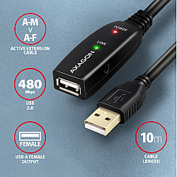 Active extension USB 2.0 A-M> A-F cable, 10 m long. Power supply option.