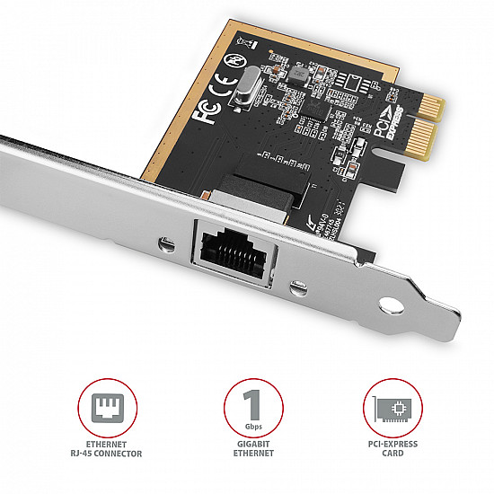 AXAGON PCEE-GRF PCI-Express network card adds high speed Gigabit Ethernet connection to your desktop computer. It enables a transmission speed of 10/100/1000 Mbit/s.
