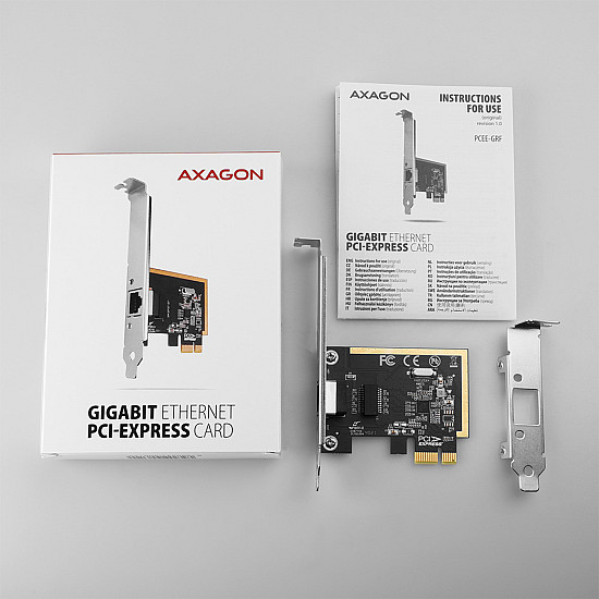 AXAGON PCEE-GRF PCI-Express network card adds high speed Gigabit Ethernet connection to your desktop computer. It enables a transmission speed of 10/100/1000 Mbit/s.