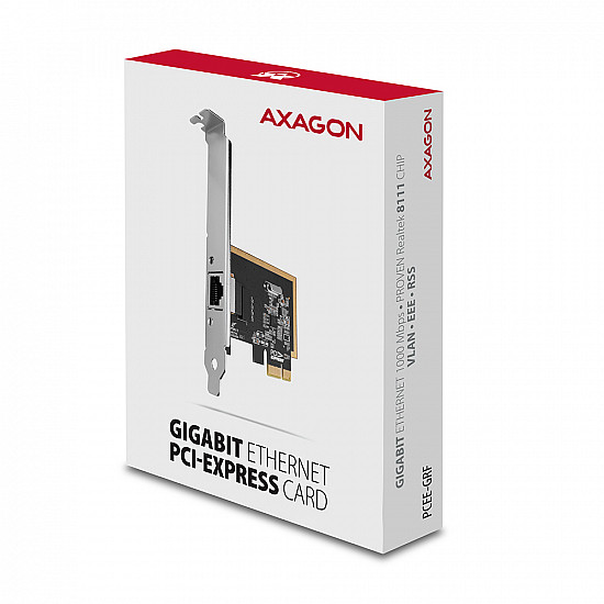 AXAGON PCEE-GRF PCI-Express network card adds high speed Gigabit Ethernet connection to your desktop computer. It enables a transmission speed of 10/100/1000 Mbit/s.