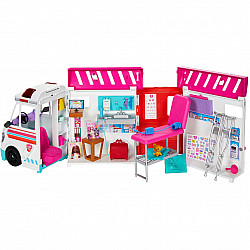 Barbie 2-in-1 Krankenwagen Spielset mit Licht & Geräuschen, Spielfahrzeug mehr als 20 Zubehörteile