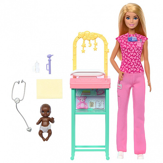 Barbie Baby Doctor Doll with Blonde Fashion Doll, 1 Baby Doll, Furniture & Accessories