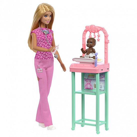 Barbie Baby Doctor Doll with Blonde Fashion Doll, 1 Baby Doll, Furniture & Accessories
