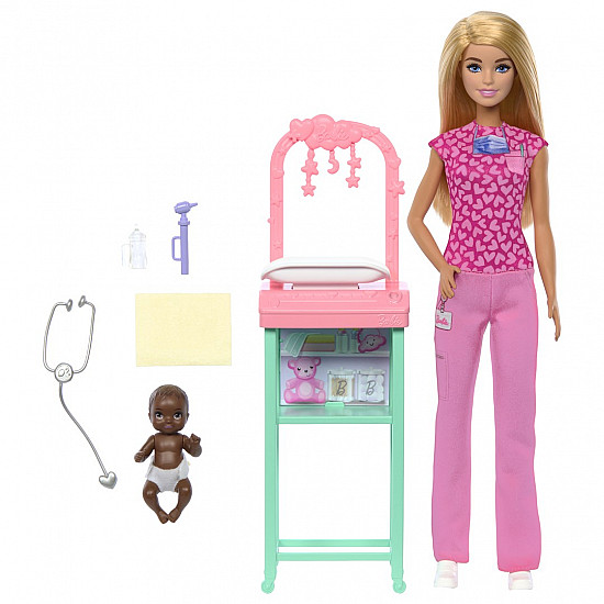 Barbie Baby Doctor Doll with Blonde Fashion Doll, 1 Baby Doll, Furniture & Accessories