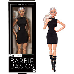 Barbie Basics Model 02 mit blondem Haar, schwarzem Kleid und Gladiator-Boots, Puppe