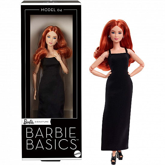 Barbie Basics Model 04 mit rotem Haar, schwarzem Kleid und Plateauschuhen, Puppe