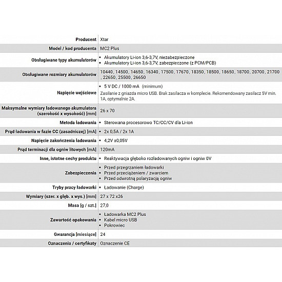 Battery charger for cylindrical Li-ion batteries 18650 Xtar MC2 PLUS