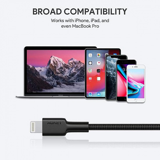 Aukey CB-CL02 nylonowy Lightning-USB C USB Power Delivery USB-PD 1.2m certyfikat MFi Apple czarny