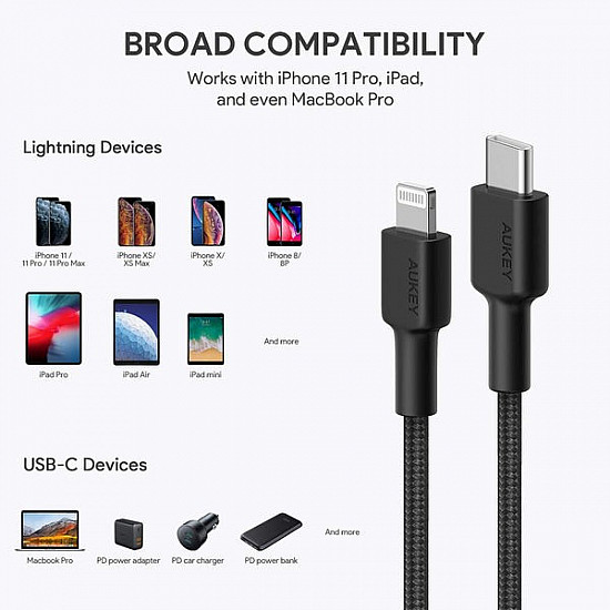 Aukey CB-CL03 nylonowy Lightning-USB C USB Power Delivery USB-PD 2m certyfikat MFi Apple czarny