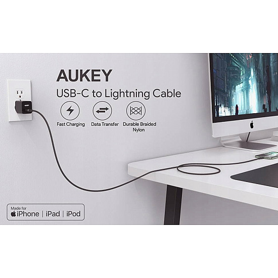 Aukey CB-CL03 nylonowy Lightning-USB C USB Power Delivery USB-PD 2m certyfikat MFi Apple czarny