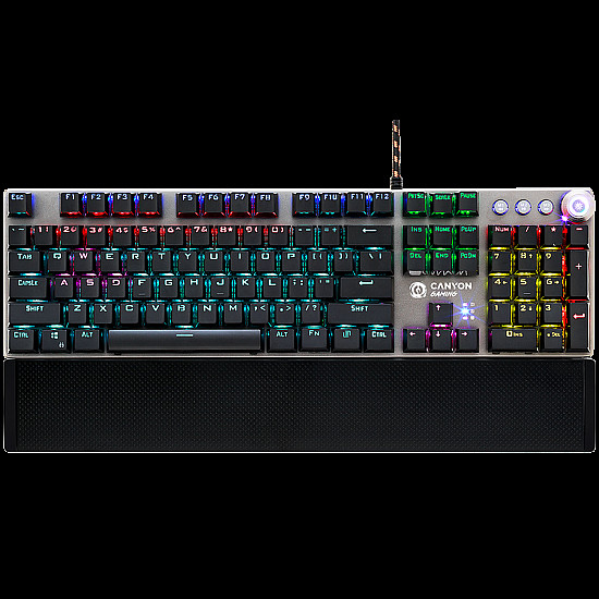 CANYON Nightfall GK-7, Wired Gaming Keyboard,Black 104 mechanical switches,60 million times key life, 22 types of lights,Removable magnetic wrist rest,4 Multifunctional control knob,Trigger actuation 1.5mm,1.6m Braided cable,US layout,dark grey, size:435*125*37.47mm