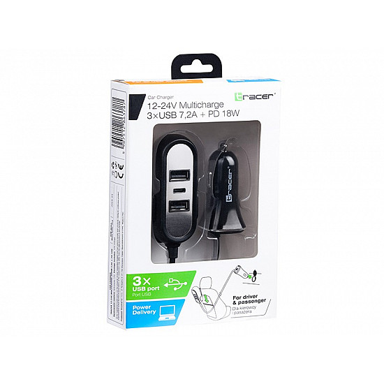 Car charger 12-24V Multicharge 3xUSB 7,2A + PD 18W