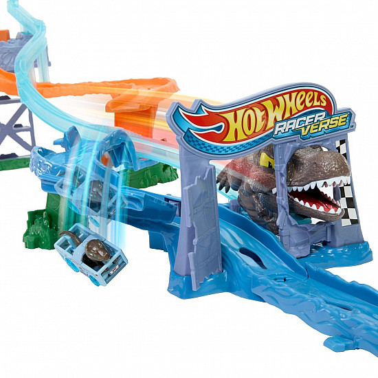 Hot Wheels RacerVerse Jurassic World Crash & Splash Track Set & Die-Cast Dinosaur Toy Car