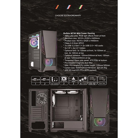 Case|GOLDEN TIGER|Supported motherboard form factors ATX/micro ATX|Black|Midi Tower|Buffalo M730i|BUFFALOM730I