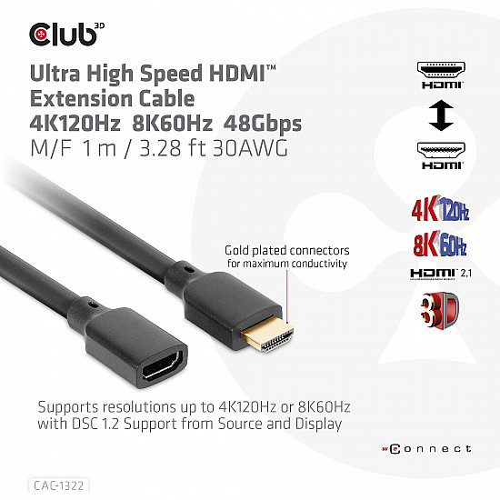 CABLE HDMI TO HDMI 1M/M/F CAC-1322 CLUB3D