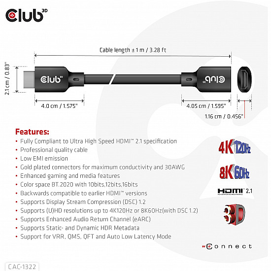 CABLE HDMI TO HDMI 1M/M/F CAC-1322 CLUB3D