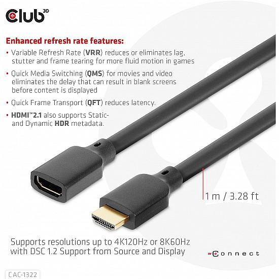 CABLE HDMI TO HDMI 1M/M/F CAC-1322 CLUB3D