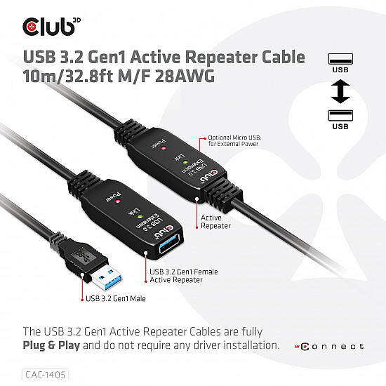 CABLE USB3.2 REPEATER 10M/M/F CAC-1405 CLUB3D