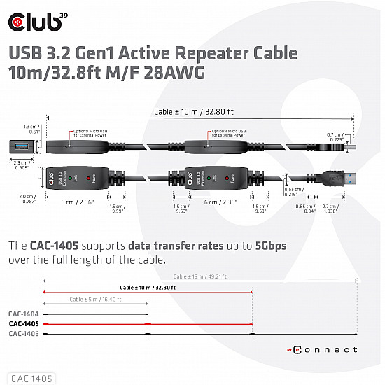 CABLE USB3.2 REPEATER 10M/M/F CAC-1405 CLUB3D