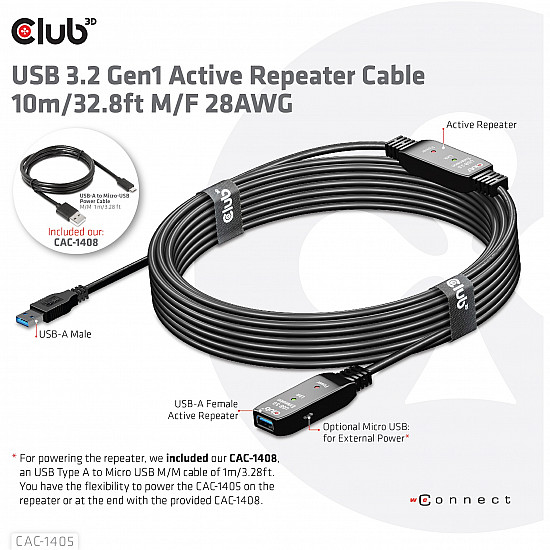 CABLE USB3.2 REPEATER 10M/M/F CAC-1405 CLUB3D