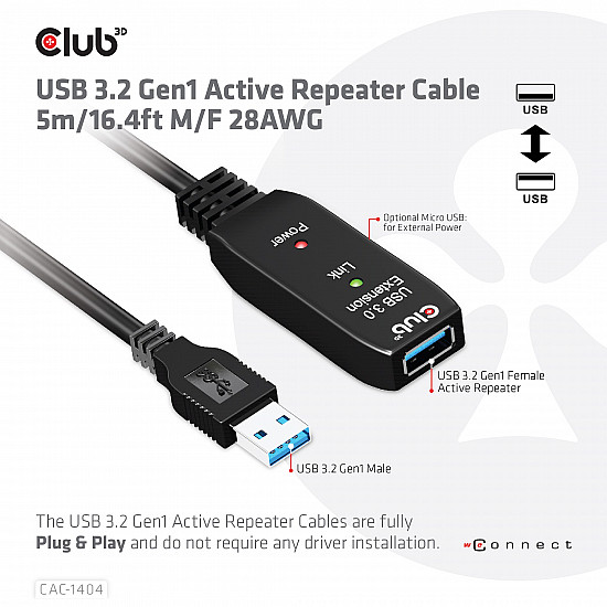 CABLE USB3.2 TO USB3.2 5M/M/F CAC-1404 CLUB3D