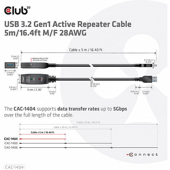 CABLE USB3.2 TO USB3.2 5M/M/F CAC-1404 CLUB3D