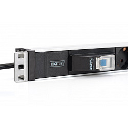 19 Steckdosenleiste mit Aluminiumprofil, 6-fach, 1HE schwarz/aluminium, 2 Meter Kabel, Leitungsschutzschalter 16 A, Typ-C