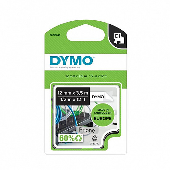 Dymo 16957 (S0718040) D1 Flexible Nylon Tape 12mm x 3.5m, Black on White