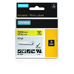 Rhino IND ORIGINAL Schriftband Vinyl 12mm x 5,5m, schwarz auf gelb permanent klebend, 18432