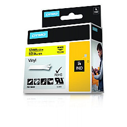 Rhino IND ORIGINAL Schriftband Vinyl 12mm x 5,5m, schwarz auf gelb permanent klebend, 18432