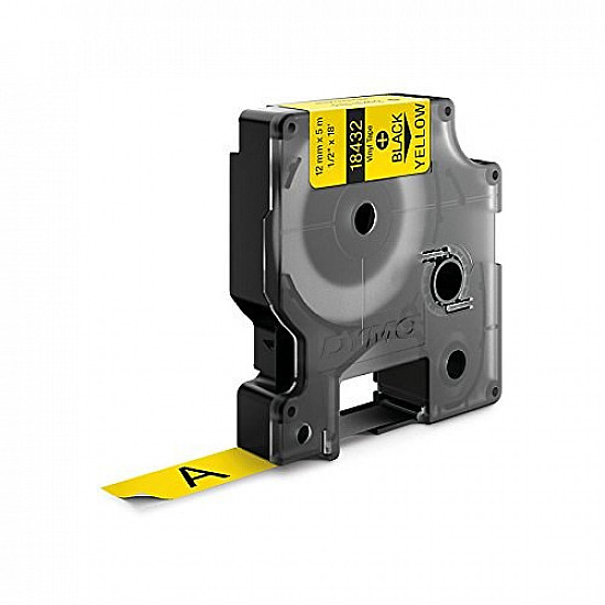 Rhino IND ORIGINAL Schriftband Vinyl 12mm x 5,5m, schwarz auf gelb permanent klebend, 18432